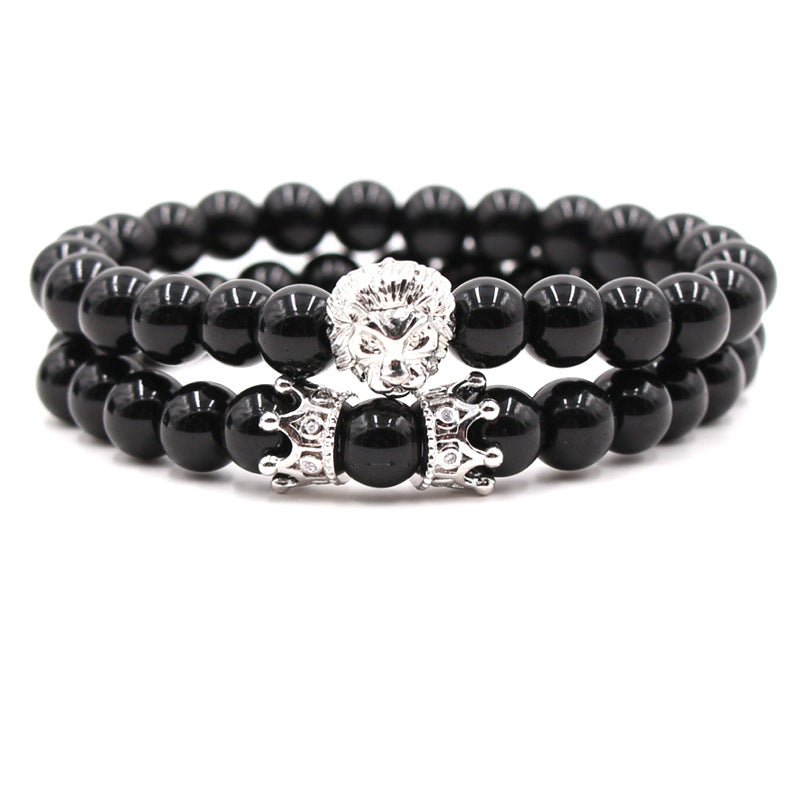 Popular micro inlaid zircon lion head micro inlaid small crown bright black matte stone bracelet set