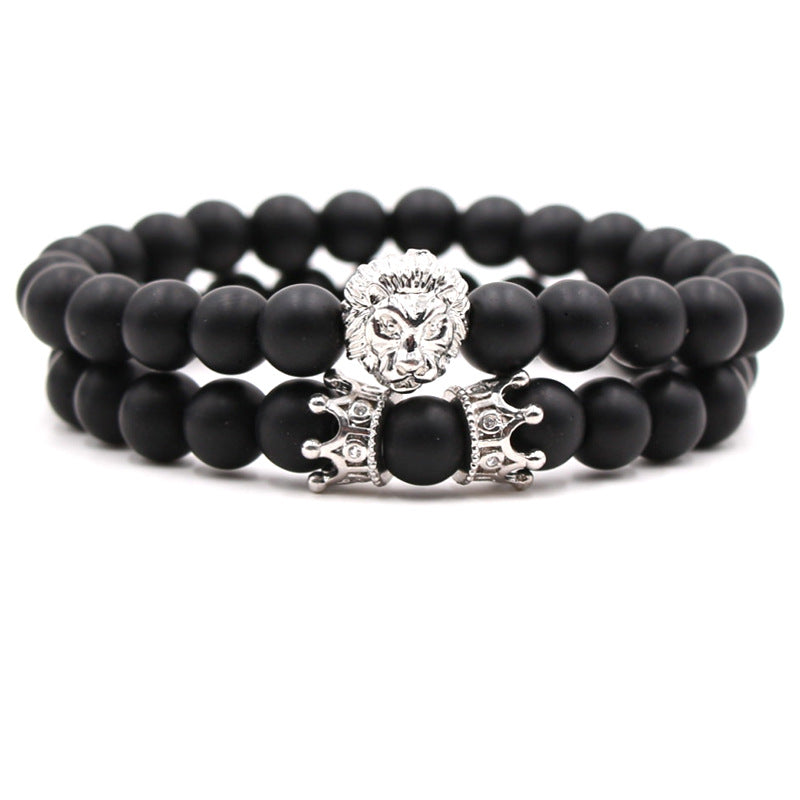 Micro-set zircon lion head micro-set small crown black frosted stone bracelet set