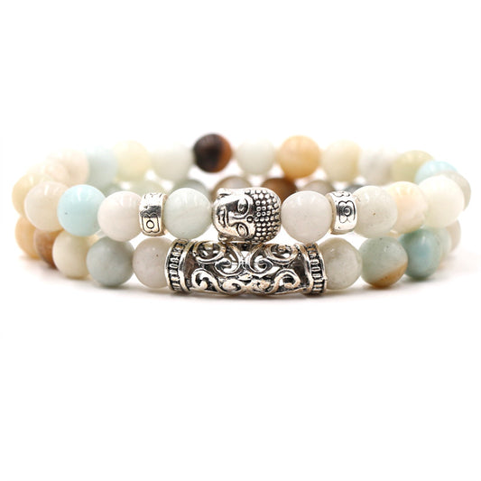Volcanic stone tiger's eye beads bracelet set bent Buddha head stretch bracelet