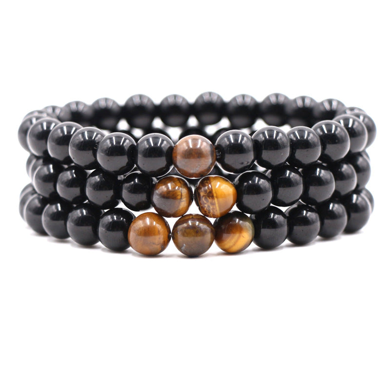 Popular natural stone tiger eye stone black agate three piece elastic bracelet set