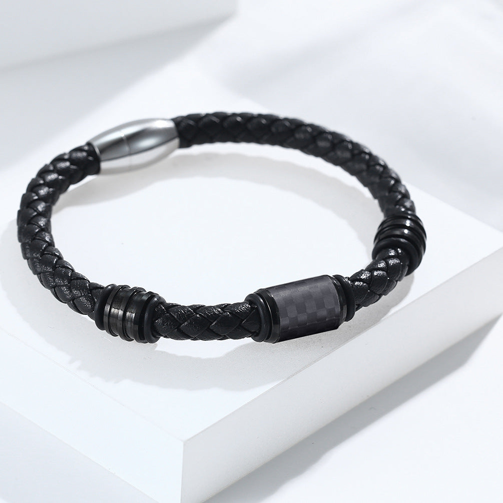 Men's Solid Carbon Fiber Genuine Leather Bracelets and Titanium Steel Jewelry