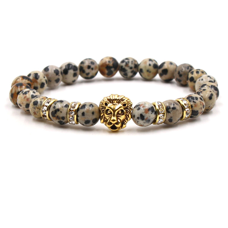 Hot Selling 8MM Frosted Stone Volcano Stone Agate metal Lion Head Beaded Bracelet