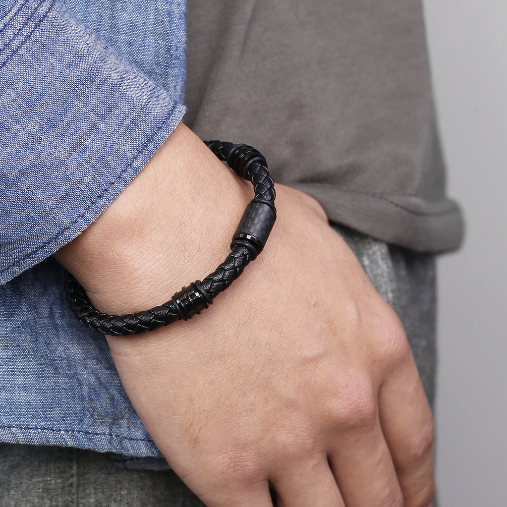 Men's Solid Carbon Fiber Genuine Leather Bracelets and Titanium Steel Jewelry