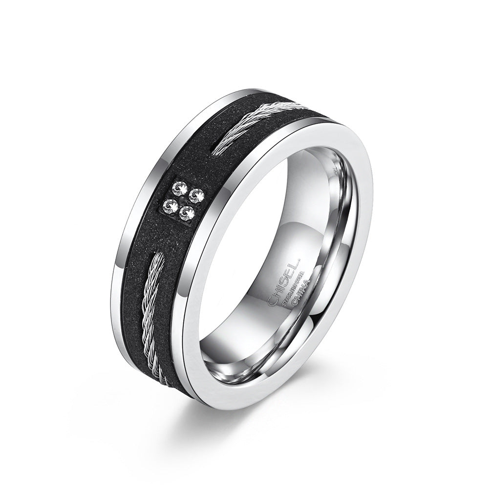 New men's frosted ring, stainless steel inlaid with steel wire rope ring, cross-border trendy titanium steel ring