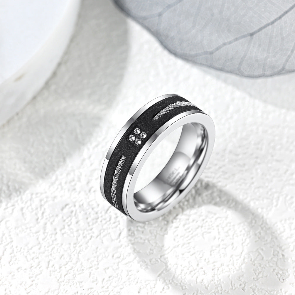 New men's frosted ring, stainless steel inlaid with steel wire rope ring, cross-border trendy titanium steel ring