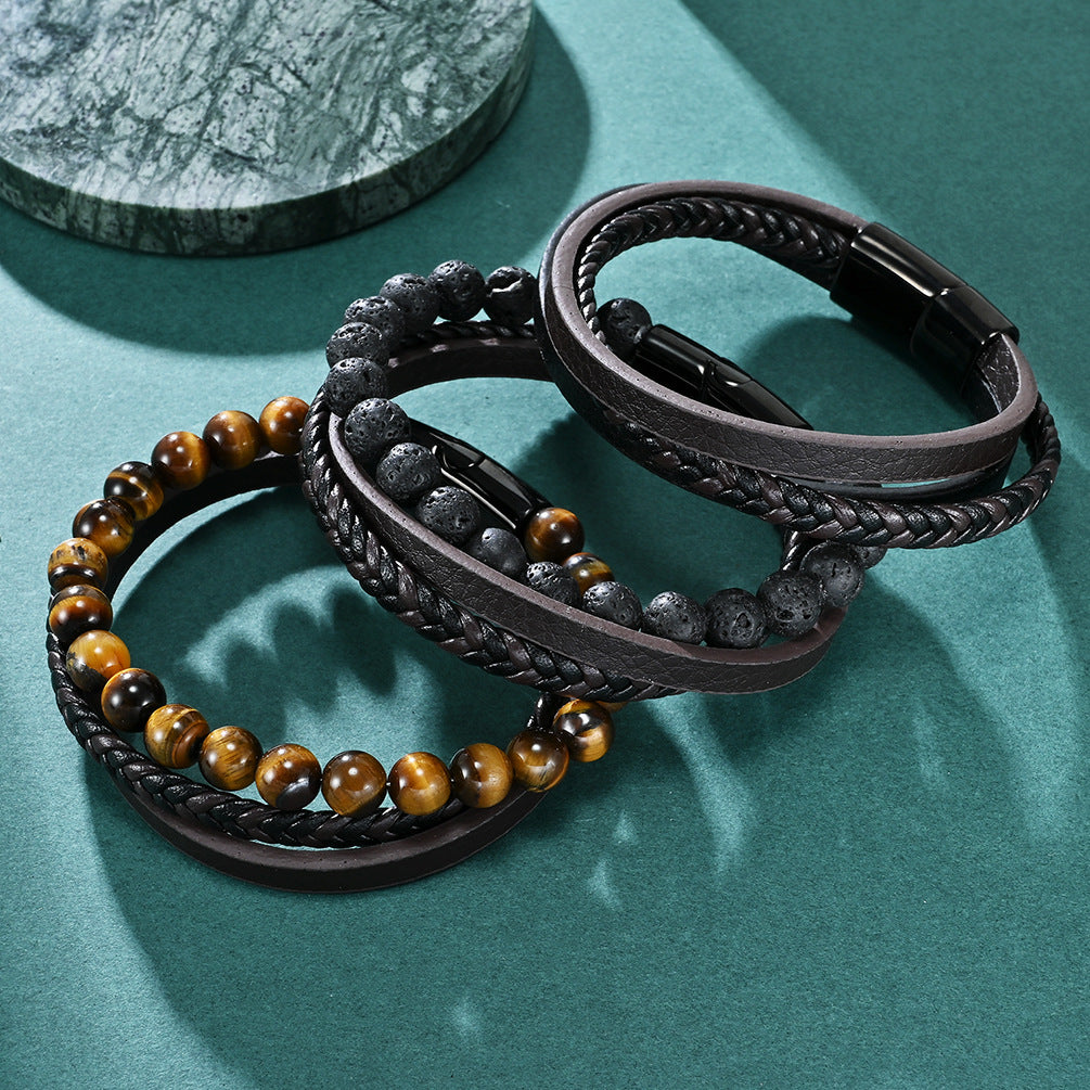 Hot sale titanium steel men's multi-layer volcanic stone woven leather tiger's eye natural stone bracelet