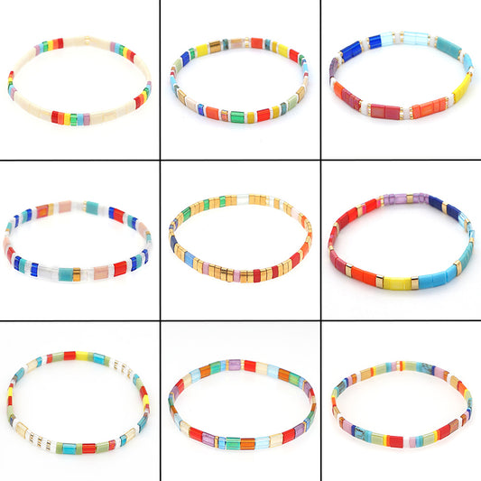 Simple bohemian ethnic style rainbow Tila glass beads woven stripe beads women's summer bracelet