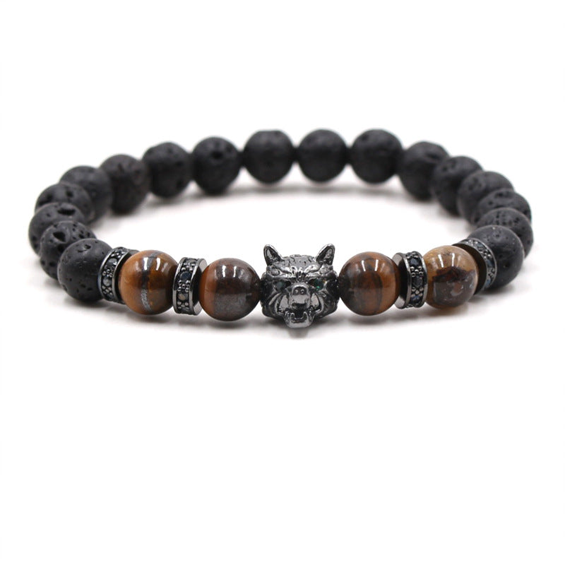 Accessories Bracelet Black Lava Volcanic Stone Micro-set Zircon Leopard Head Men's and Women's Bracelet