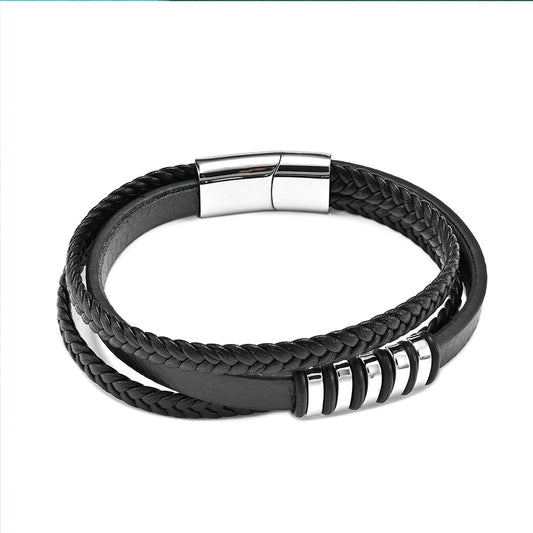 Hot selling men's multi-layer leather woven bracelet creative ethnic style personalized magnetic buckle stainless steel bracelet
