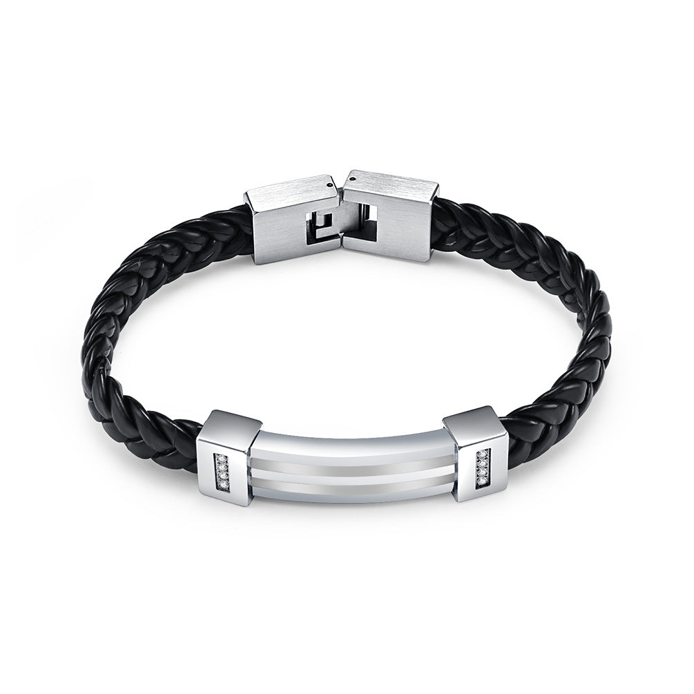 New stainless steel dual color combination woven leather rope bracelet hip-hop trend street men's bracelet jewelry