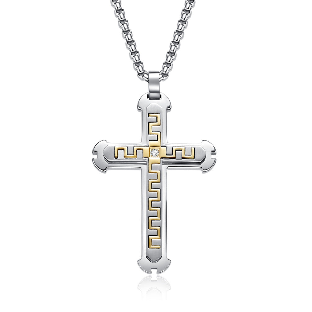 New men's Great Wall pattern design three-layer cross pendant simple titanium steel necklace