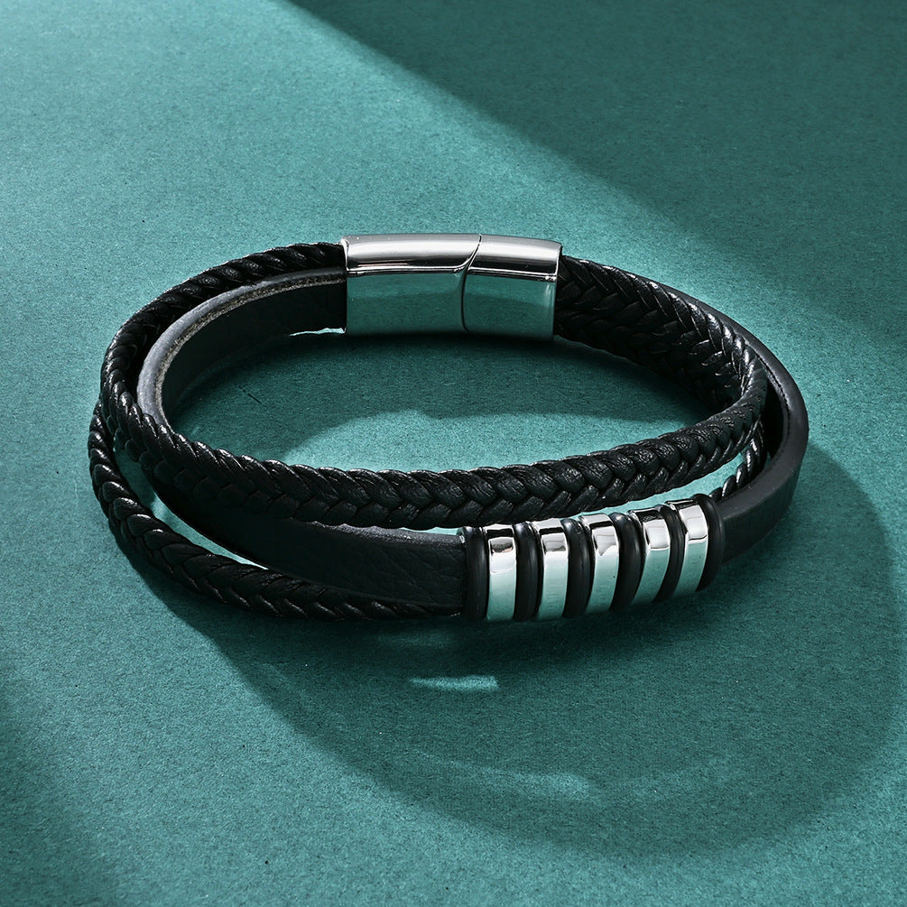 Hot selling men's multi-layer leather woven bracelet creative ethnic style personalized magnetic buckle stainless steel bracelet