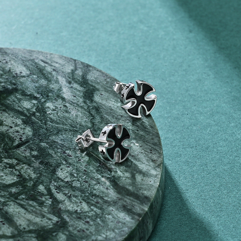 New fashion stainless steel men's punk style enamel earrings jewelry titanium steel retro cross earrings