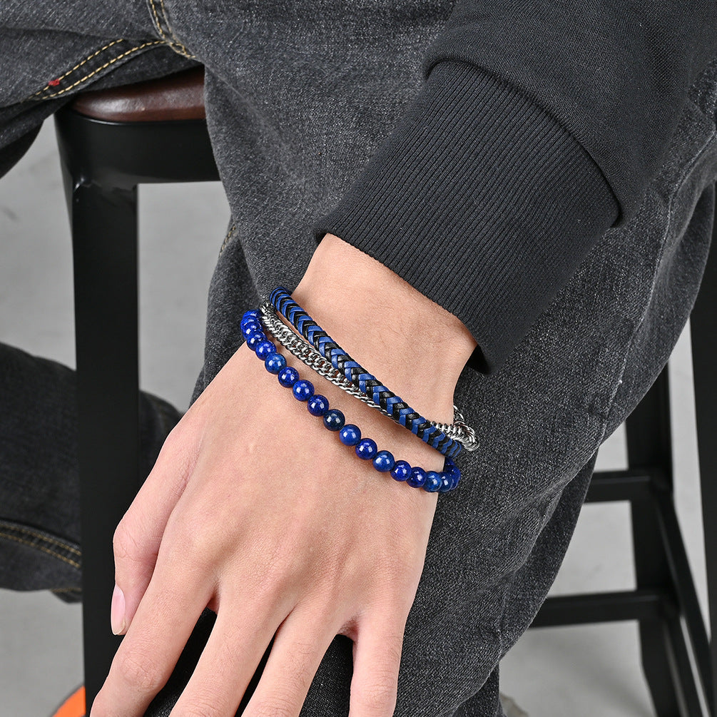 Hot-selling titanium steel men's three-layer kyanite bracelet creative black agate beaded magnetic buckle bracelet