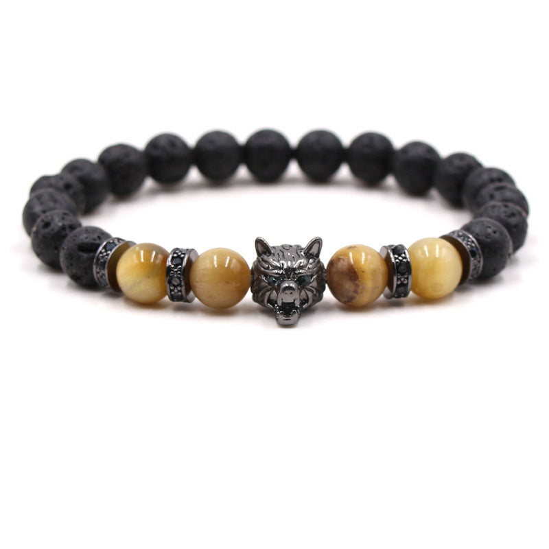 Accessories Bracelet Black Lava Volcanic Stone Micro-set Zircon Leopard Head Men's and Women's Bracelet