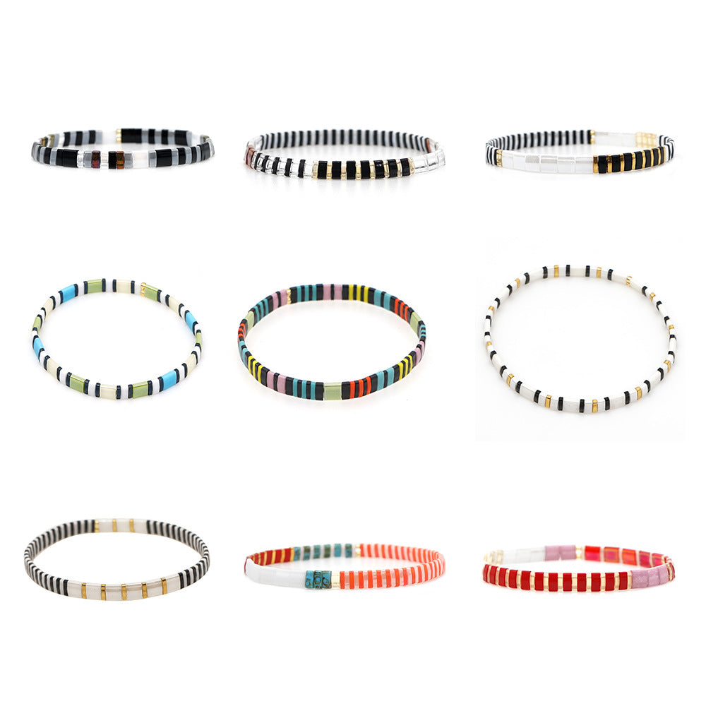 Bohemian ethnic style retro glass Tila bead woven black and white striped rainbow beaded bracelet for women