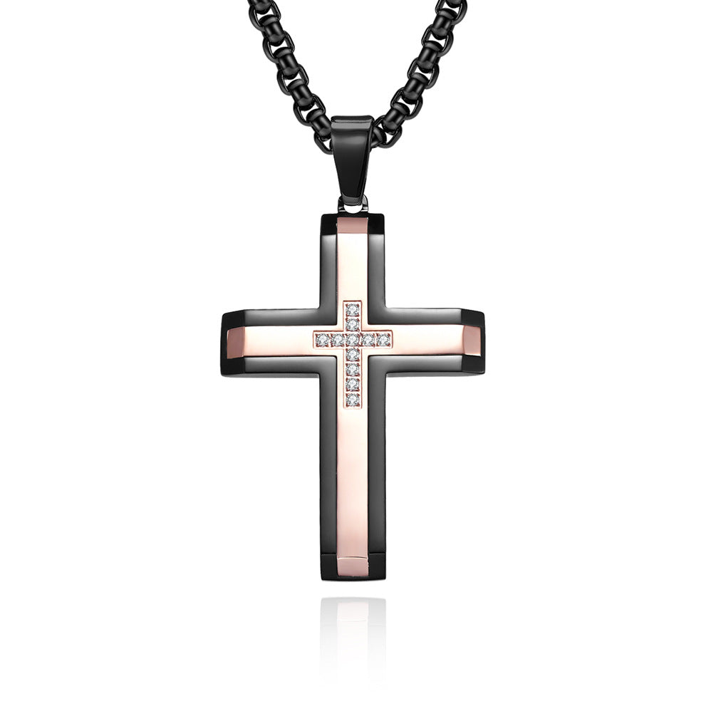 New titanium double-color inlaid stone cross pendant retro men hip-hop necklace
