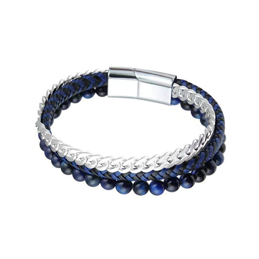 Hot-selling titanium steel men's three-layer kyanite bracelet creative black agate beaded magnetic buckle bracelet