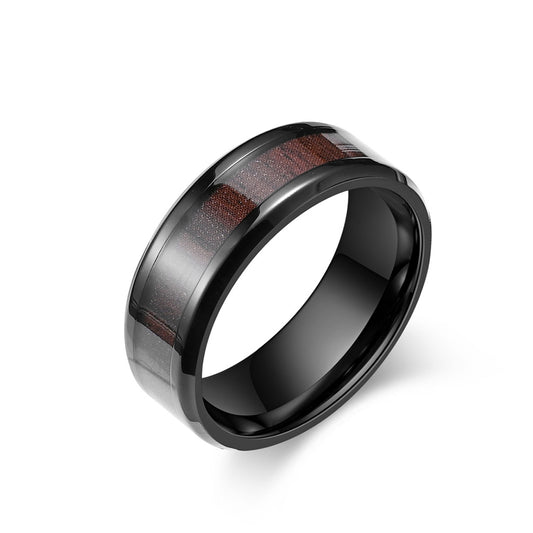Cross border New Stainless Steel 8mm Double Bevel Wood Grain Drip Glue Ring Simple and Fashionable Men's Ring Jewelry