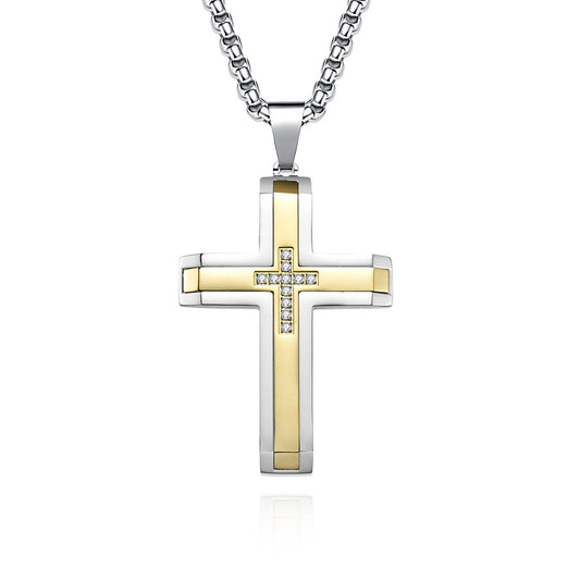 New titanium double-color inlaid stone cross pendant retro men hip-hop necklace