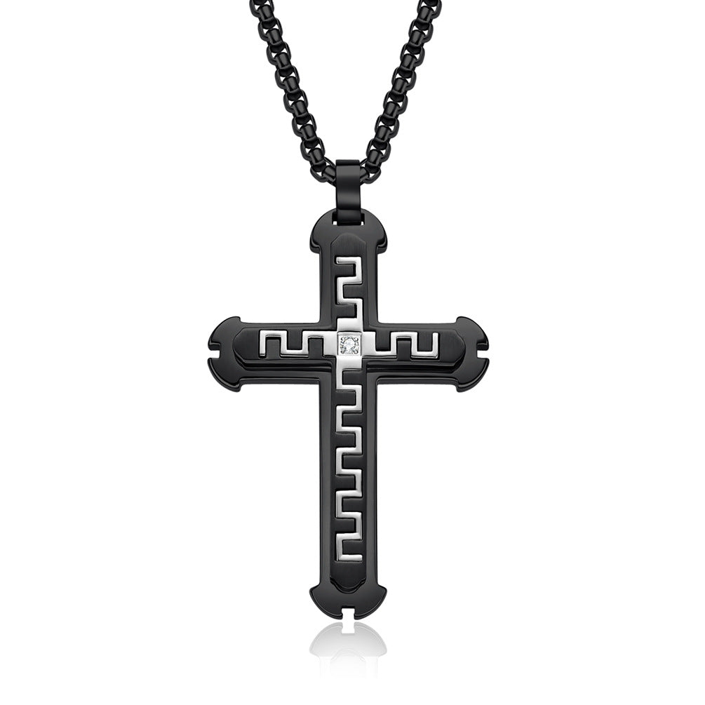 New men's Great Wall pattern design three-layer cross pendant simple titanium steel necklace