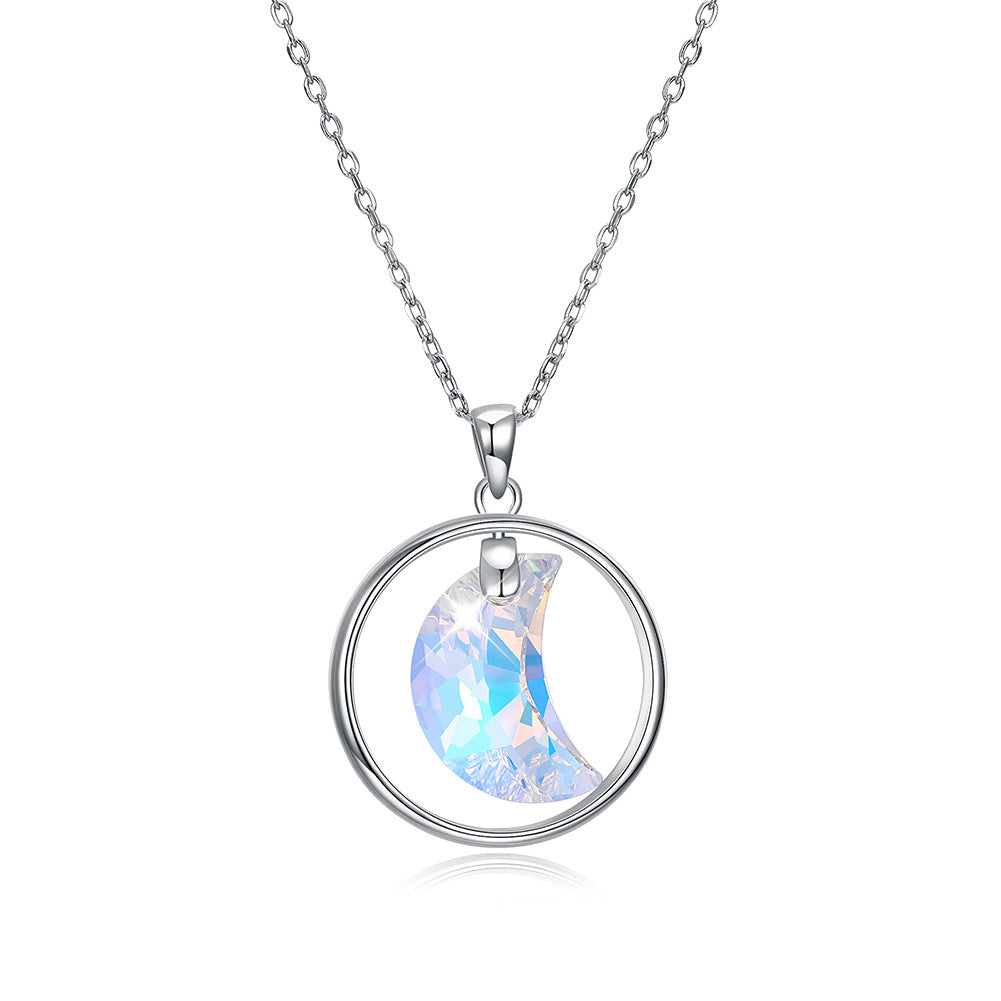 Austrian Crystal Sterling Silver Moon Collar Chain Pendant
