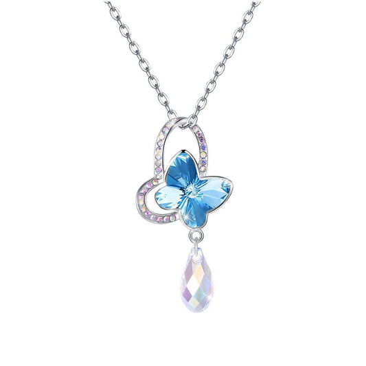 Austrian crystal necklace 925 sterling silver butterfly droplet clavicle chain pendant