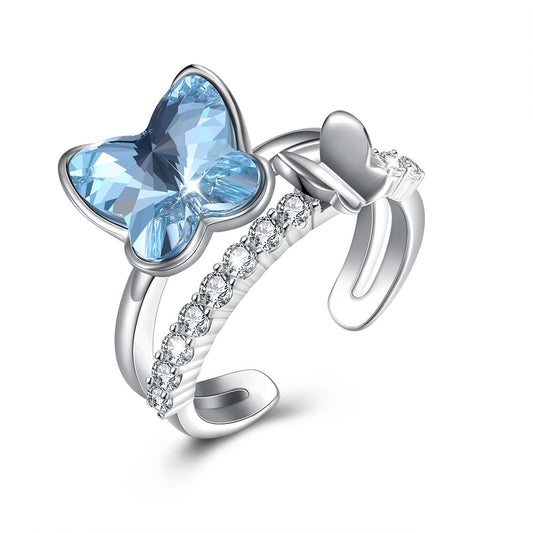 Austrian crystal 925 sterling silver open ring butterfly shaped ring