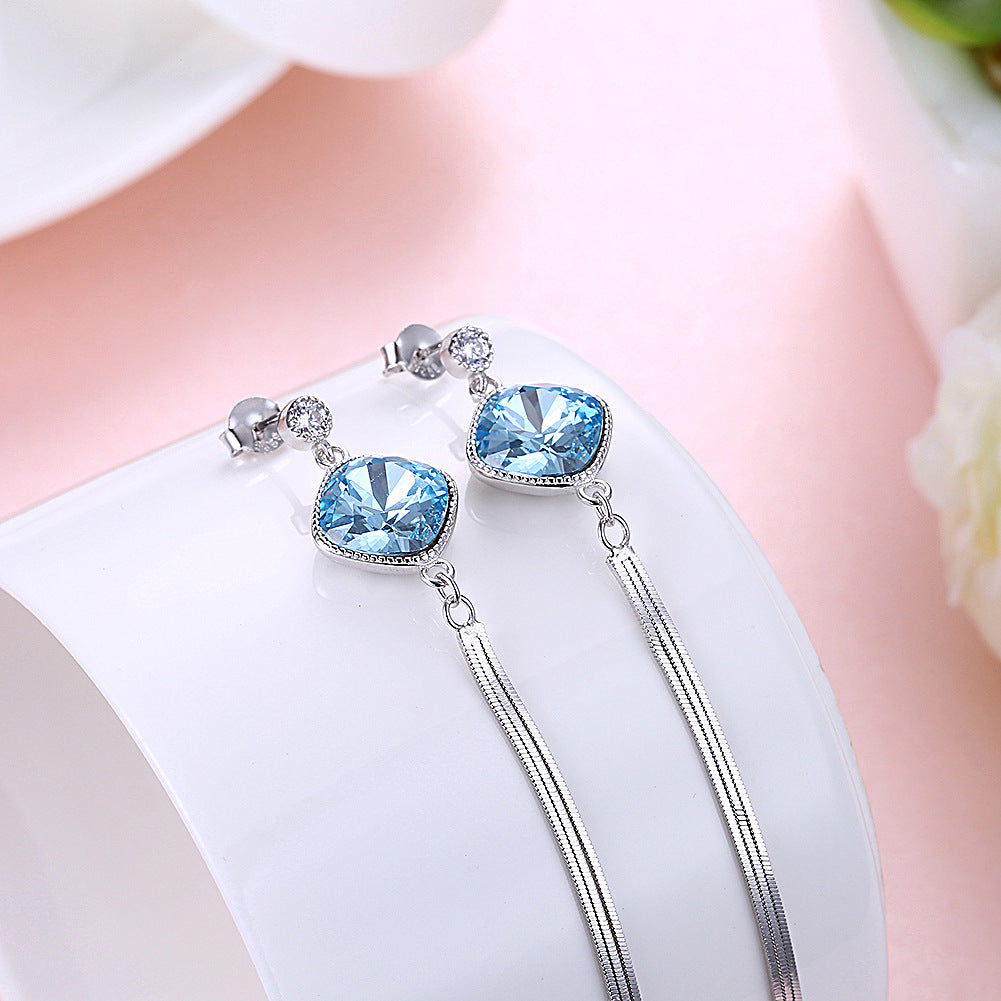 Stylish design features Austrian crystal earrings sterling silver 925 long tassel earrings