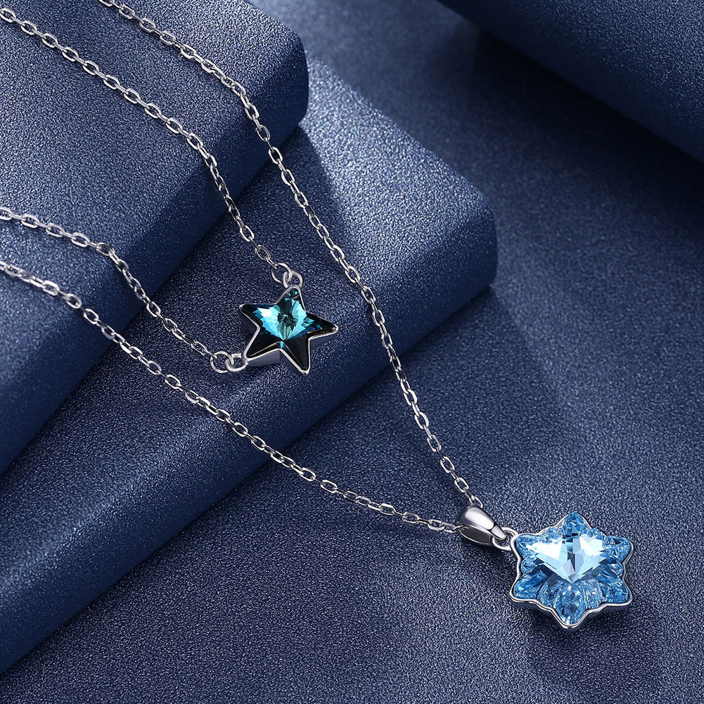 Creative Austrian Crystal Necklace Girl 925 Sterling Silver Necklace Star Snowflake Pendant