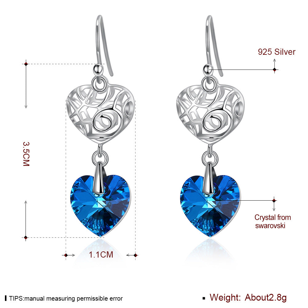 Austrian crystal s925 sterling silver earrings love heart shaped jewelry