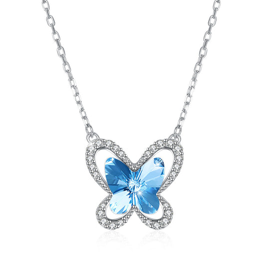 Austrian Crystal Necklace 925 Sterling Silver Butterfly-shaped clavicle chain pendant