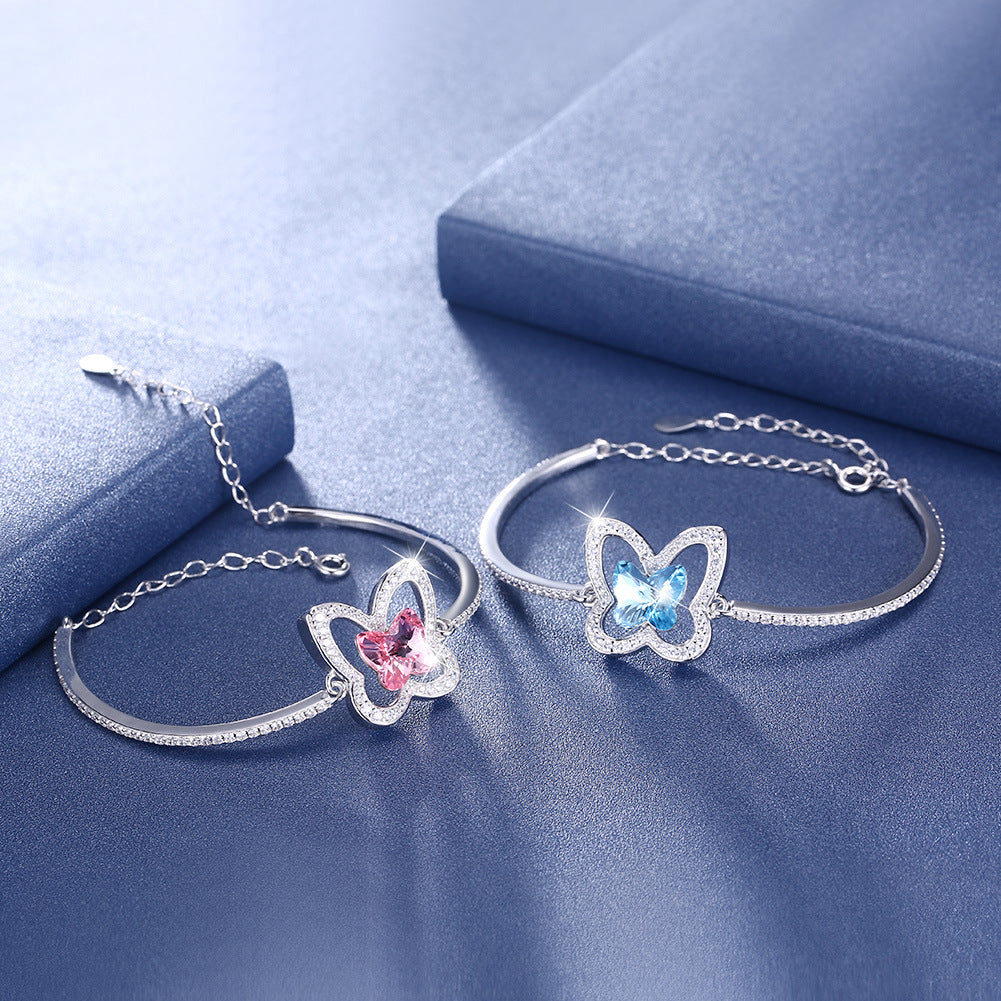 Crystal s925 sterling silver bracelet, female personalized butterfly design jewelry