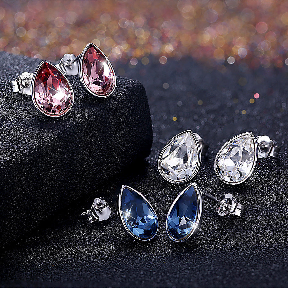 Austrian crystal teardrop shape earrings 925 sterling silver studs