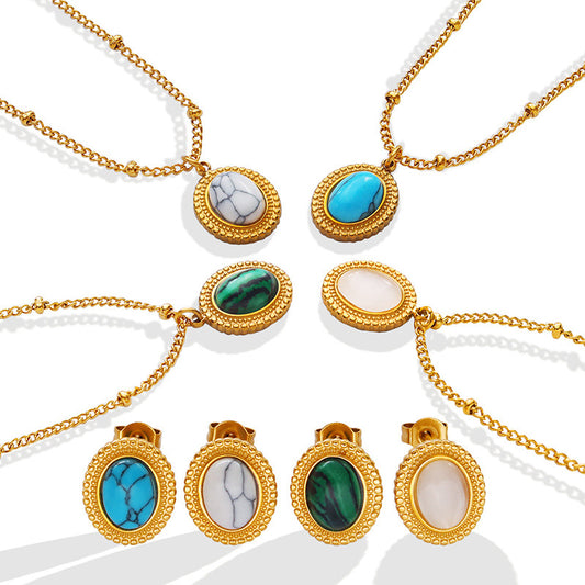 Bohemian Fashion Women's Natural Turquoise Opal Inlaid Necklace Earring Jewelry Set