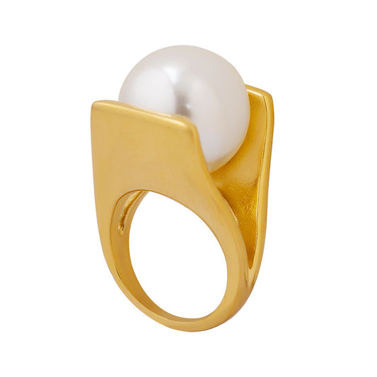 big pearl ring unique style female exaggerated personality stainless steel plated with 18k gold