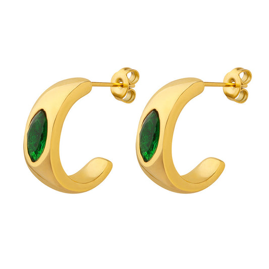 C-shaped earrings hoops inlaid with emerald zircon titanium steel 18K golden plated fashion jewelry