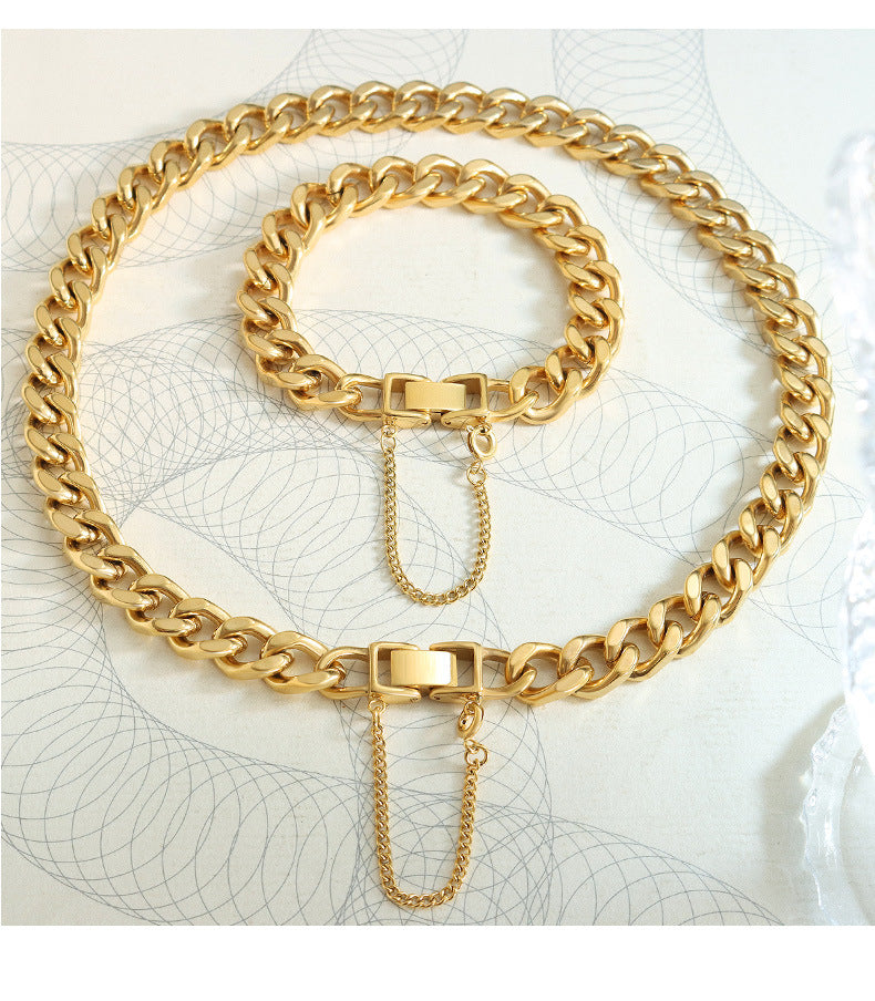 hot style exaggerated buckle bracelet thick chain hip-hop titanium steel gold-plated Cuban necklace jewelry set