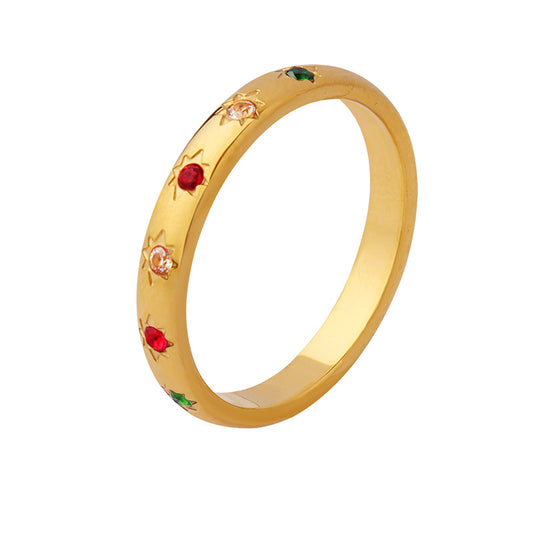 Gold-plated inlaid red, white and green zircon stainless steel ring trend personalized accessories