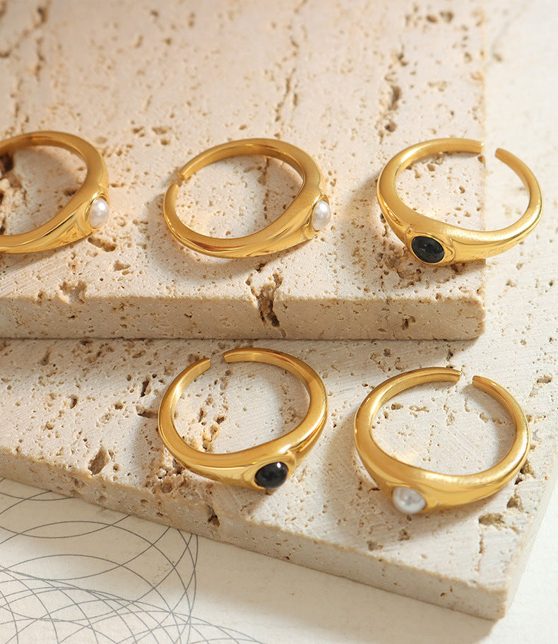 Fashion ring personality inlaid with pearl steel fadeless gold-plated ring