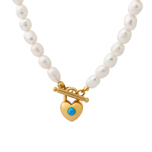 freshwater pearls connect heart-shaped inlaid blue turquoise OT buckle pendant necklace jewelry