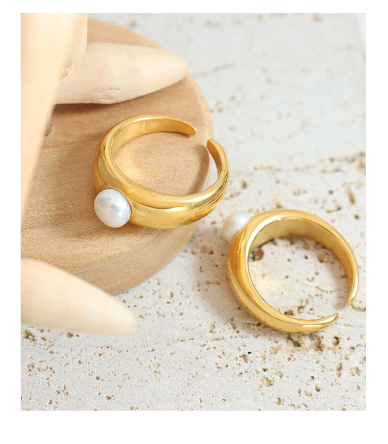 Fresh water pearl ring trendy female open simple stainless-steel ring fadeless golden color