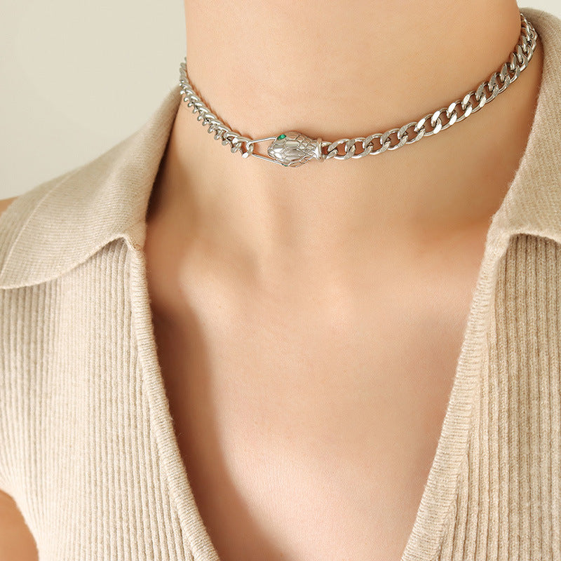 trendy snake-head green zircon necklace titanium steel gold-plated bracelet jewelry set
