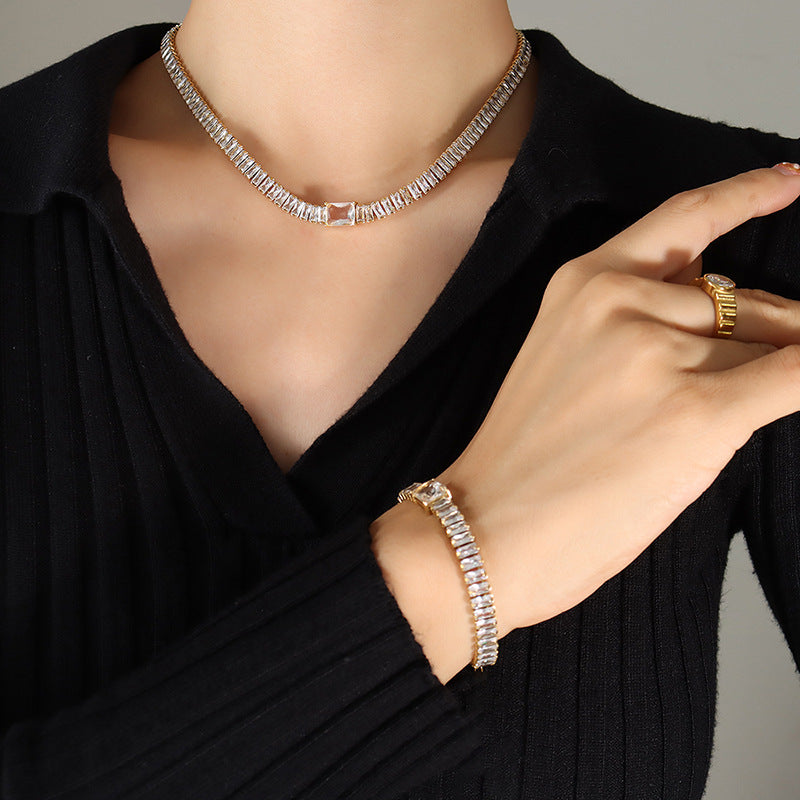 fashion luxury full diamond inlaid baguette zircon table tennis necklace bracelet jewelry set