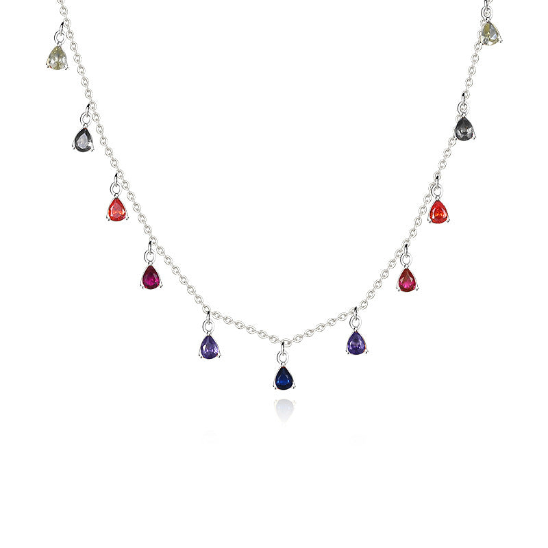 925 silver water drop tassel fashion necklace chocker rainbow colorful cubic zirconia