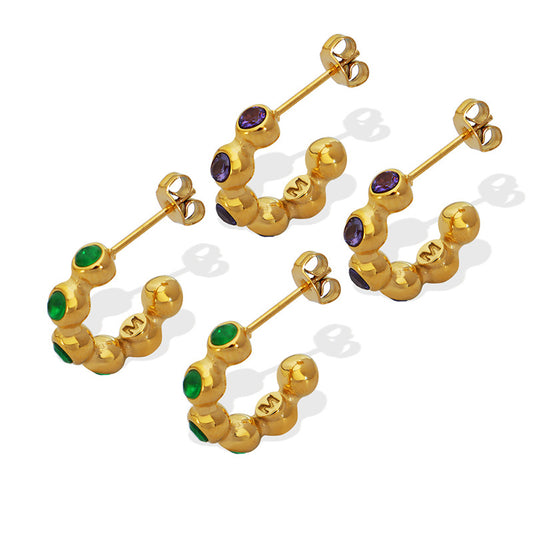 C-shaped inlaid purple cz green zircon earrings stud accessories
