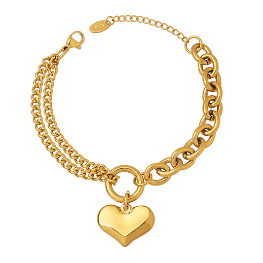 Cuban chain splicing chain love heart bracelet titanium steel plated 18K gold fadeless