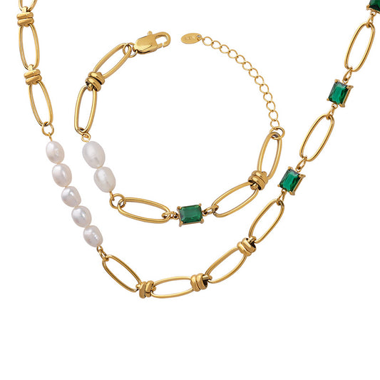 vintage style, emerald zircon, freshwater pearl elegant necklace bracelet jewelry set