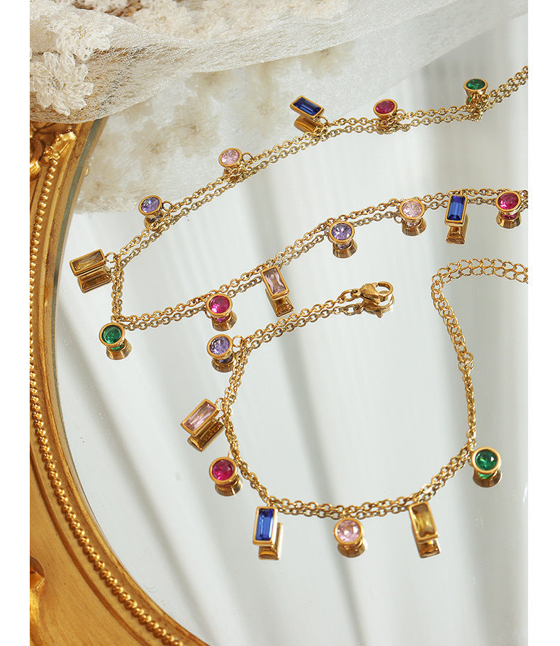 luxury colorful zircon jewelry set tassel necklace titanium steel bracelet set