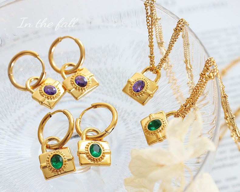 golden luxury zirconia inlaid lock pendant and earring jewelry set